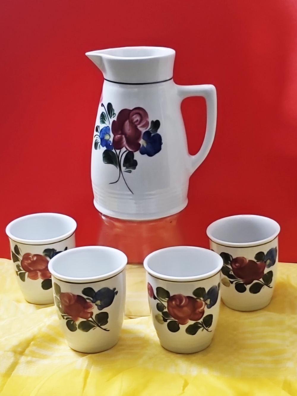 Vintage Hand-painted Ceramic Floral Pitcher & 4 Cups Set, Made In Austria